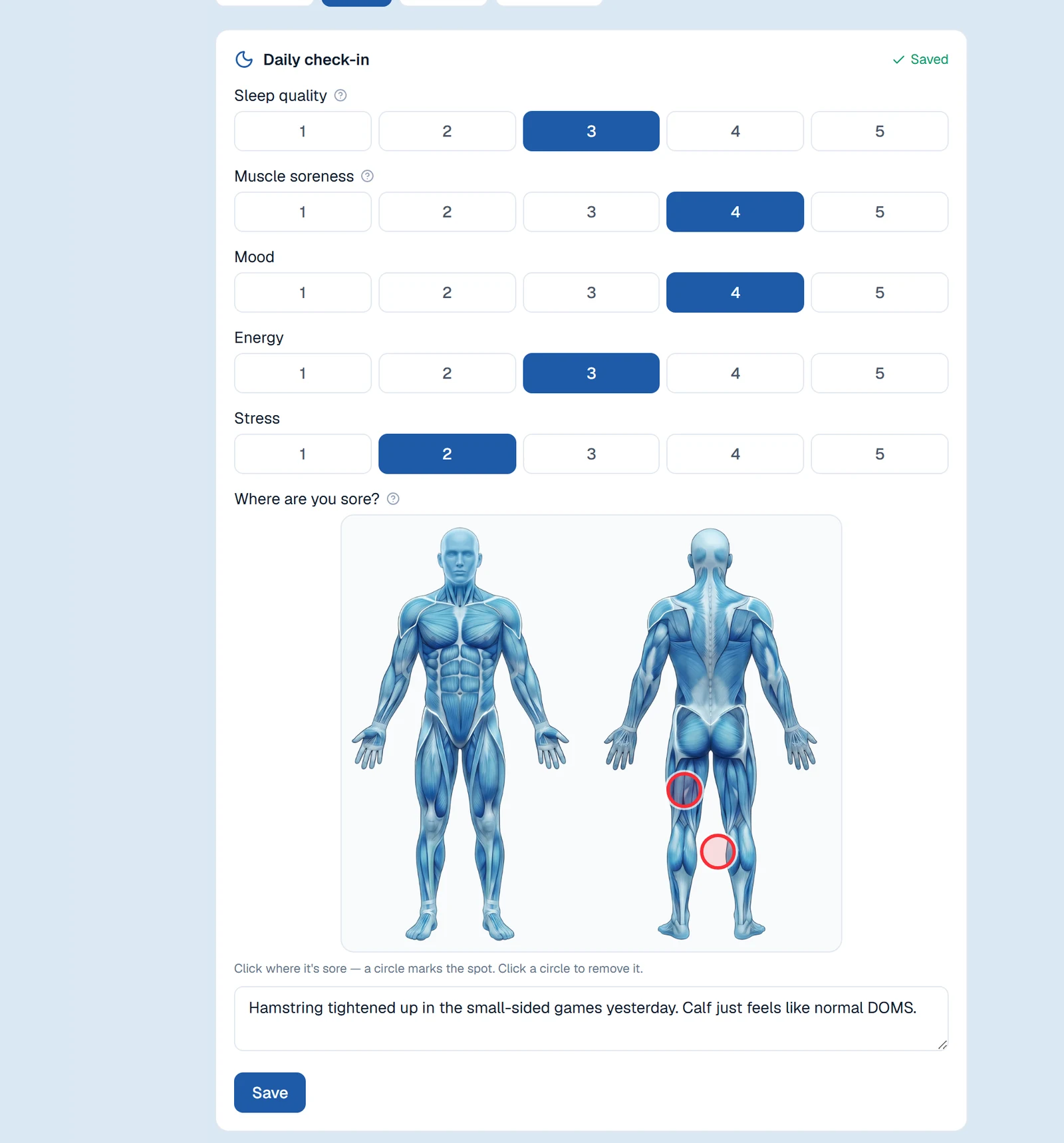 An athlete's daily check-in: 1-5 scales for sleep, soreness, mood, energy and stress, then a body map with two sore spots circled and a note explaining them