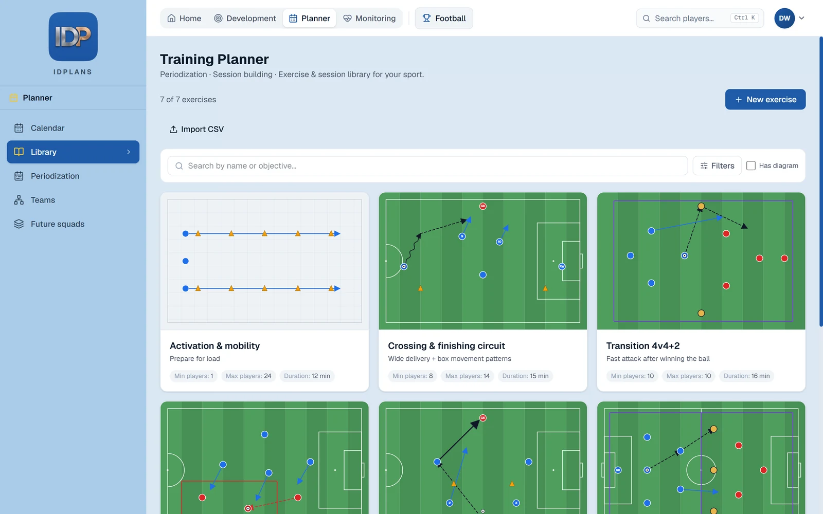 The exercise library grid, each drill showing its drawn pitch diagram